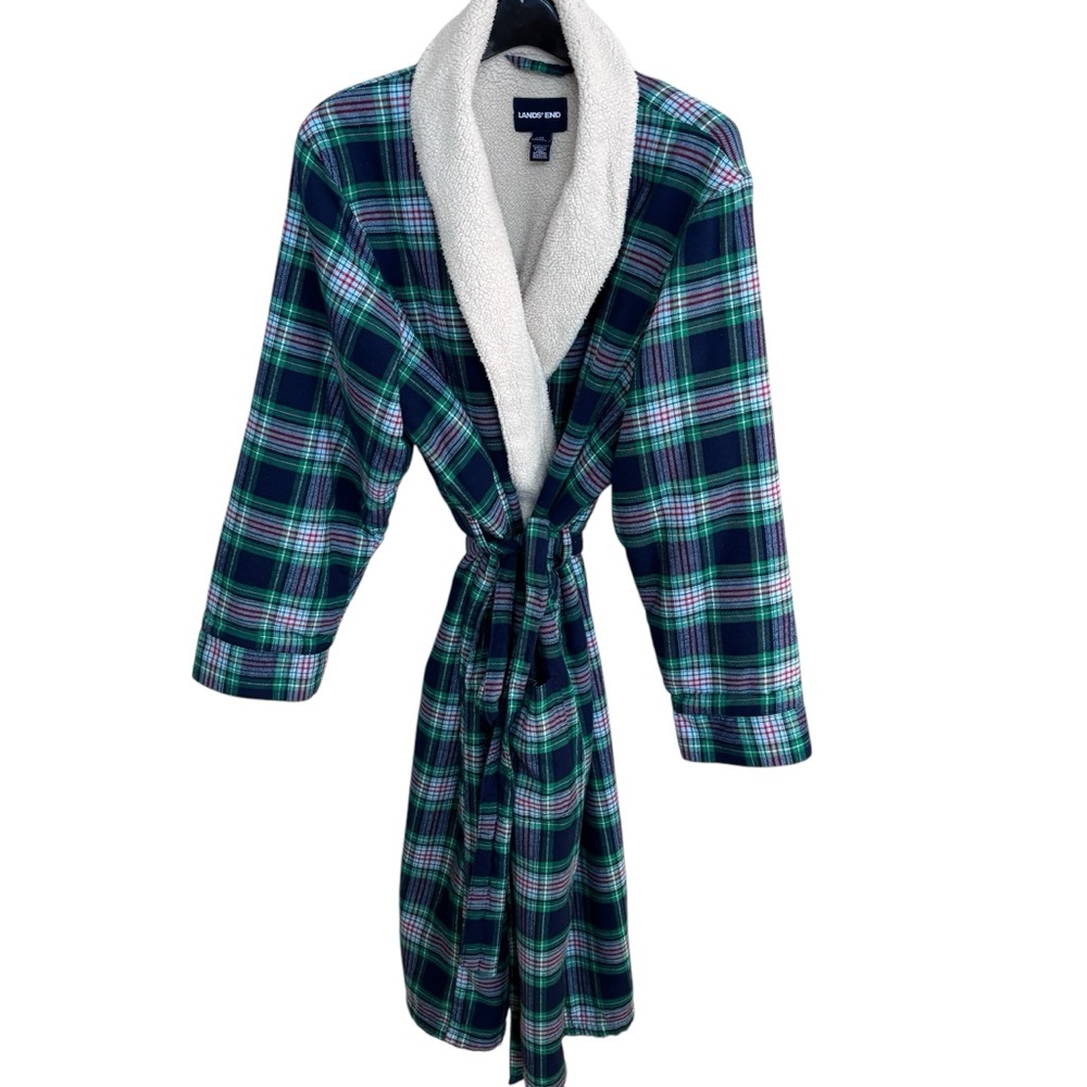 Land's End Women's Flannel Sherpa Fleece Lined Long Robe M